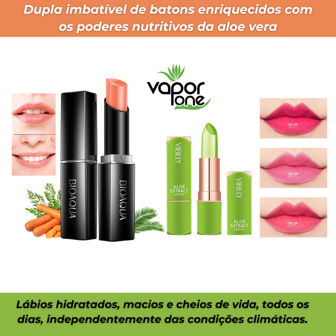 Kit Lábios Deslumbrantes - Batom Premium Vapor One Aloe Vera à Prova D'água + Batom Orgânico Cenoura com Aloe Vera