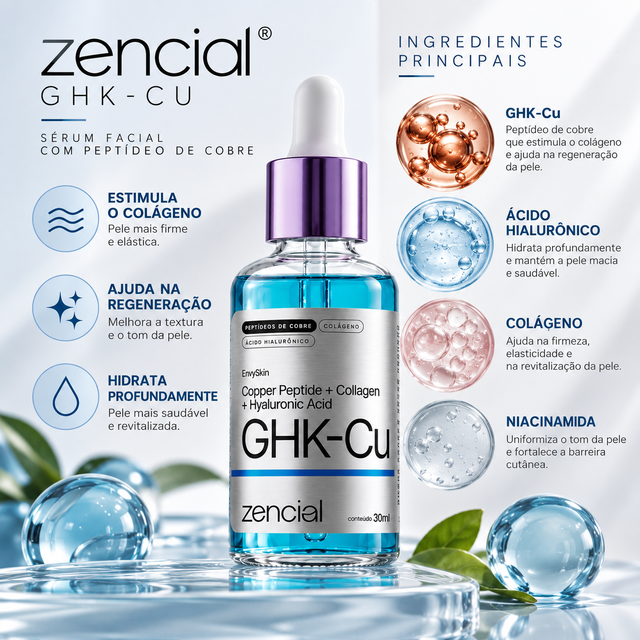 Zencial EnvySkin GHK-Cu 30ml | Sérum Facial com Peptídeos de Cobre e Ácido Hialurônico