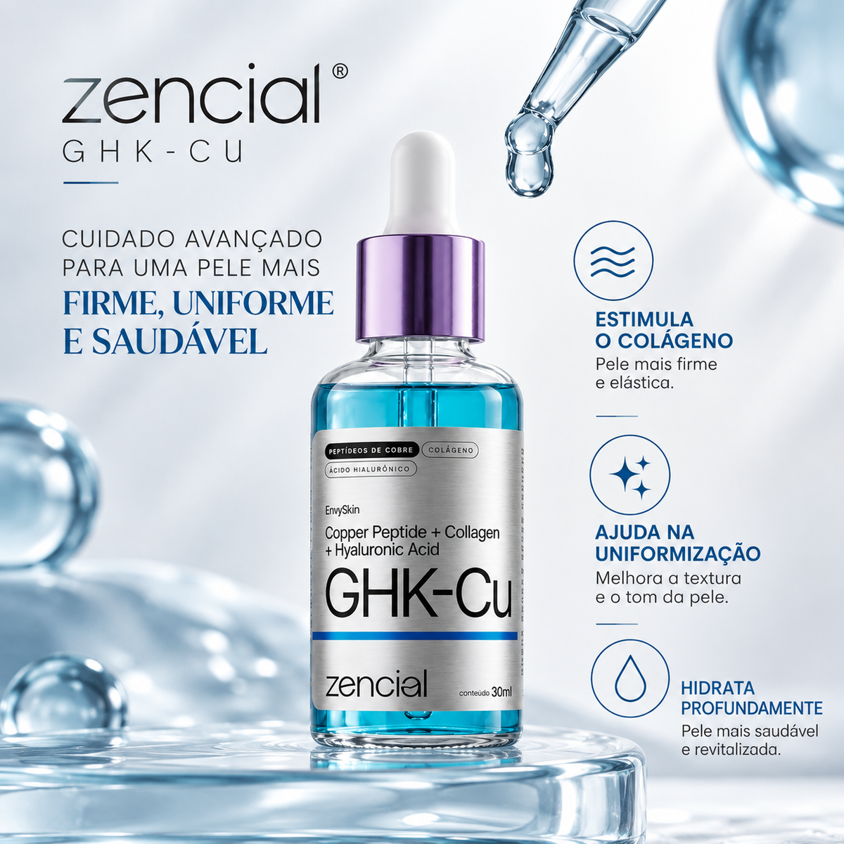 Zencial EnvySkin GHK-Cu 30ml | Sérum Facial com Peptídeos de Cobre e Ácido Hialurônico